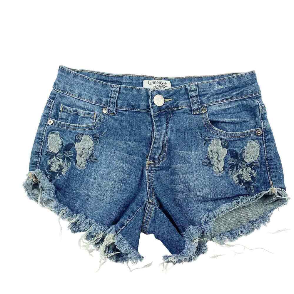 HARMONY & HAVOC Denim Shorts Womens 5 Blue Distressed Floral Cutoff